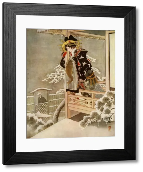 Framed Print : As she spoke, Urasato leaned far out over the balcony... 1919. Creator: Unknown Framed Print : As she spoke, Urasato leaned far out over the balcony... 1919. Creator: Unknown