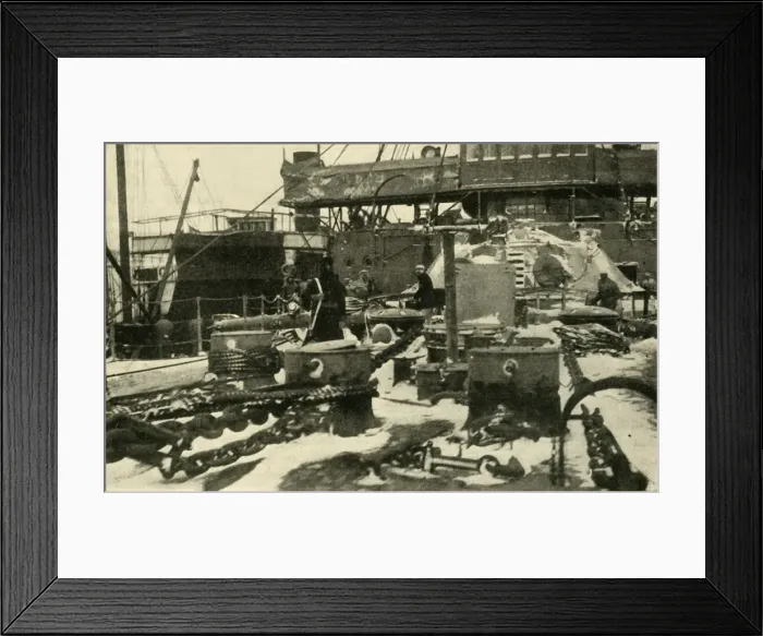Framed Print : Ship supplying coal in freezing conditions, First World War, 1914, (c1920). Creator: Unknown Framed Print : Ship supplying coal in freezing conditions, First World War, 1914, (c1920). Creator: Unknown
