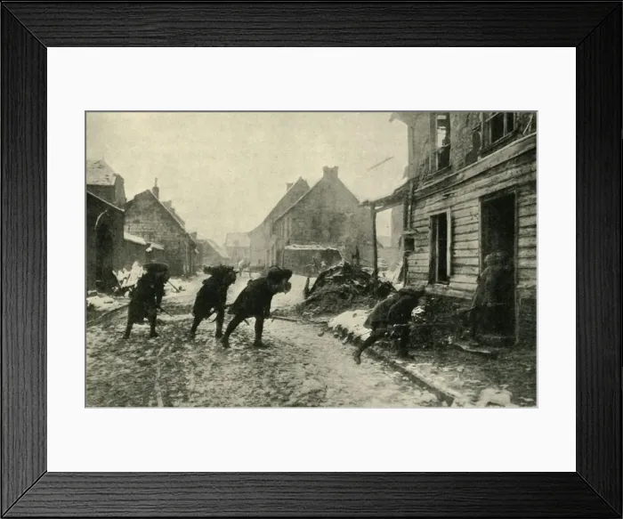 Framed Print : French troops crossing a village street under German fire, First World War, 1914-1915, (c1920) Framed Print : French troops crossing a village street under German fire, First World War, 1914-1915, (c1920)