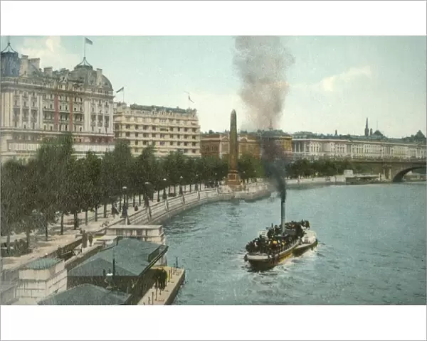 The Victoria Embankment, and steamship on the River Thames, London, c1907. Creator: Unknown