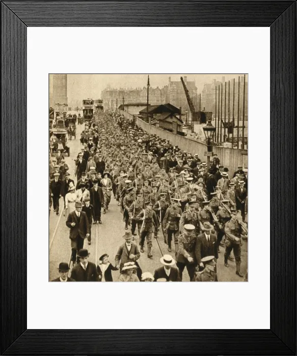 Framed Print : Territorials from Summer Camp - Terriers marching easy over Westminster Bridge, 1914-1918 Framed Print : Territorials from Summer Camp - Terriers marching easy over Westminster Bridge, 1914-1918