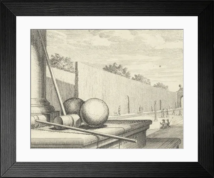 Framed Print : Croquet Attributes with croquet players in the background, 1714. Creator: Vinne, Vincent Laurensz Framed Print : Croquet Attributes with croquet players in the background, 1714. Creator: Vinne, Vincent Laurensz