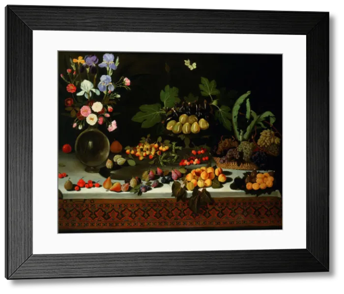 Framed Print : Flower and fruit on a table, ca. 1600. Creator: Maestro di Hartford (active End of Framed Print : Flower and fruit on a table, ca. 1600. Creator: Maestro di Hartford (active End of