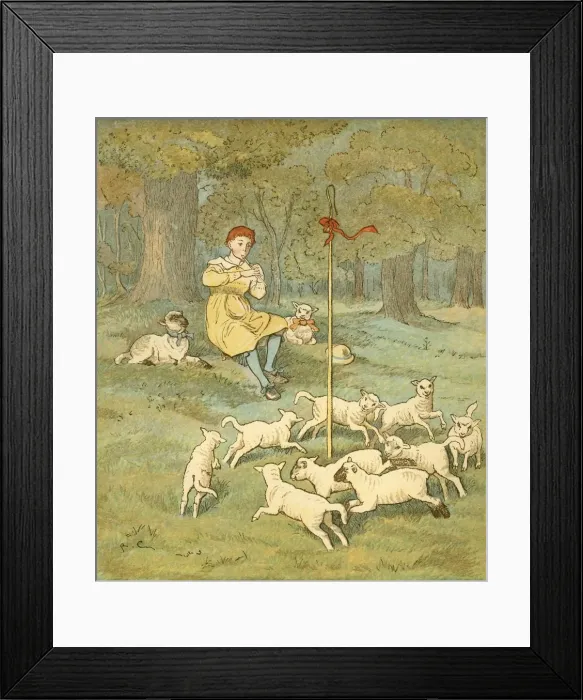 Framed Print : The Farmers Boy plays his pipe as the lambs dance around his shepherds crook, c1881