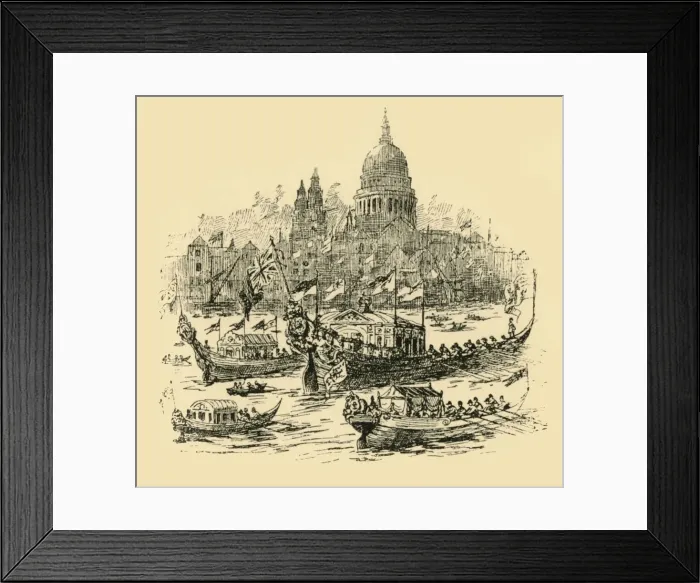 Framed Print : A grand procesiion of decorated barges from Whitehall to Limehouse, (1907). Creator: Unknown Framed Print : A grand procesiion of decorated barges from Whitehall to Limehouse, (1907). Creator: Unknown
