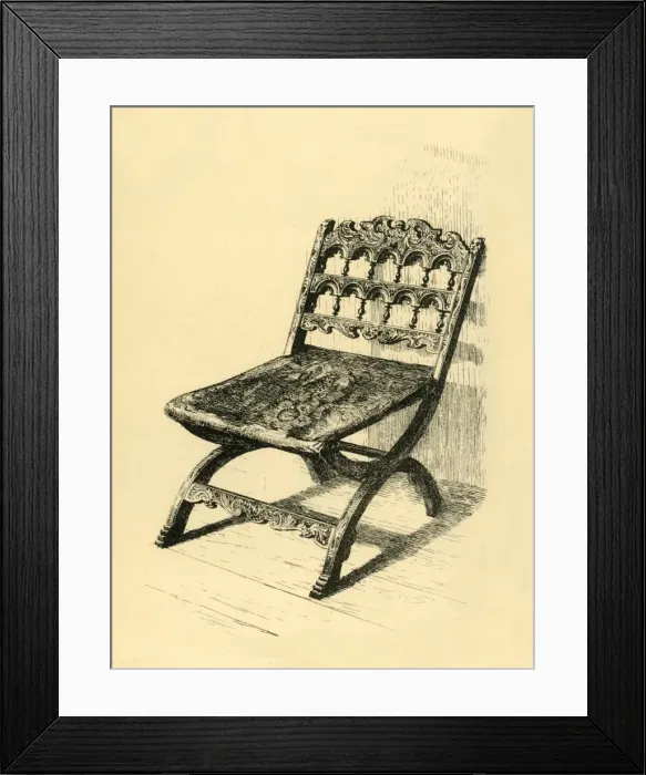 Framed Print : Folding-Chair, Walnut Wood, 16th-17th centuries?, (1881). Creator: Frederick Albert Slocombe Framed Print : Folding-Chair, Walnut Wood, 16th-17th centuries?, (1881). Creator: Frederick Albert Slocombe