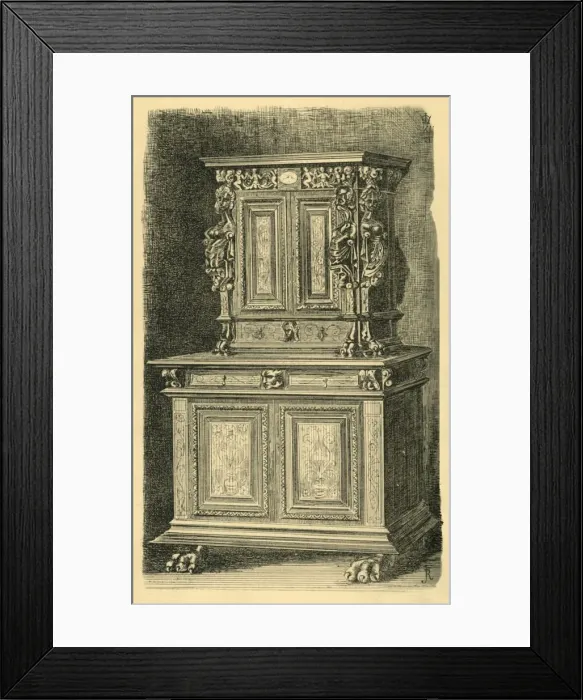 Framed Print : Walnut cabinet, mid 16th century?, (1881). Creator: J Randall Framed Print : Walnut cabinet, mid 16th century?, (1881). Creator: J Randall
