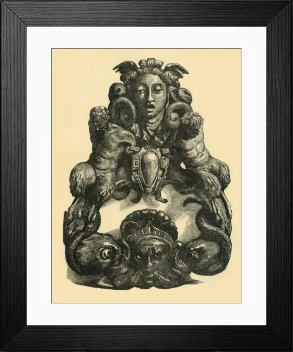 Framed Print : Door knocker with dolphins and satyrs, early 17th century, (1881). Creator: John Emms Framed Print : Door knocker with dolphins and satyrs, early 17th century, (1881). Creator: John Emms