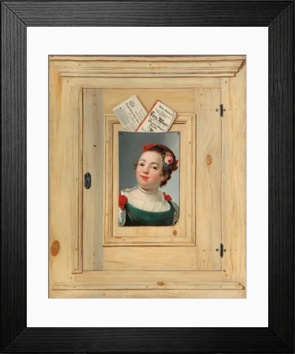 Framed Print : Trompe l oeil with the portrait of a young woman, 1755. Creator: Juncker, Justus (1703-1767) Framed Print : Trompe l oeil with the portrait of a young woman, 1755. Creator: Juncker, Justus (1703-1767)