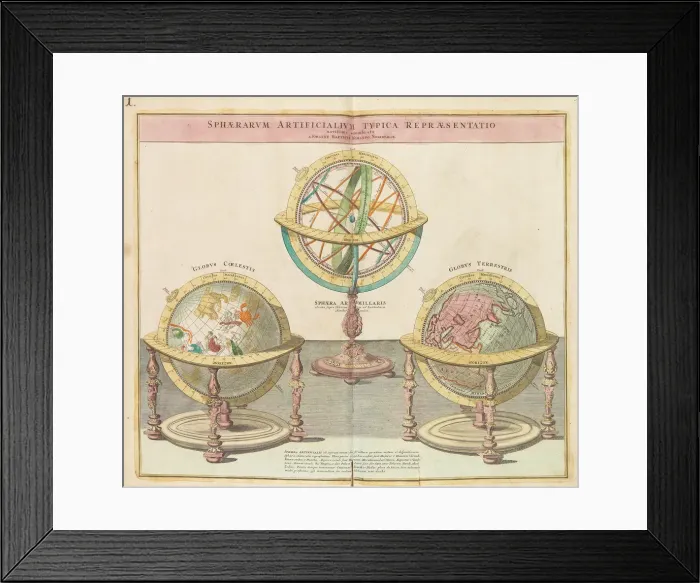 Framed Print : The Globes (From the Grand Atlas of all the World), 1725. Creator: Homann, Johann Baptist Framed Print : The Globes (From the Grand Atlas of all the World), 1725. Creator: Homann, Johann Baptist