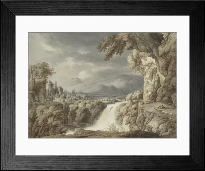 Framed Print : Heroic landscape with waterfall, c. 1790. Creator: Kobell, Franz Innocenz Josef (1749-1822) Framed Print : Heroic landscape with waterfall, c. 1790. Creator: Kobell, Franz Innocenz Josef (1749-1822)