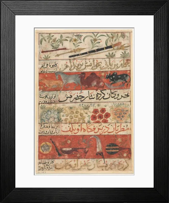 Framed Print : Animals, Precious Stones, Coins, and Musical Instruments (recto)... c. 1341. Creator: Unknown Framed Print : Animals, Precious Stones, Coins, and Musical Instruments (recto)... c. 1341. Creator: Unknown