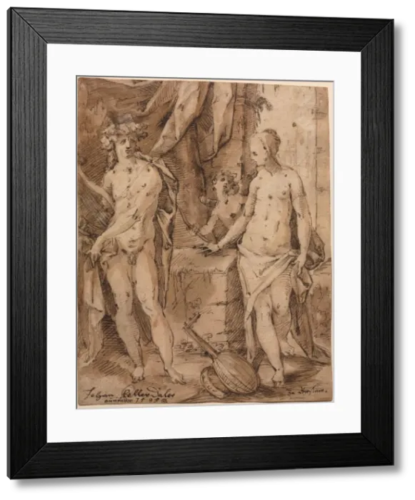 Framed Print : Apollo with Erato and Cupid, 1595. Creator: Johann Kellerthaler (German, c 1560 / 2-1611) Framed Print : Apollo with Erato and Cupid, 1595. Creator: Johann Kellerthaler (German, c 1560 / 2-1611)