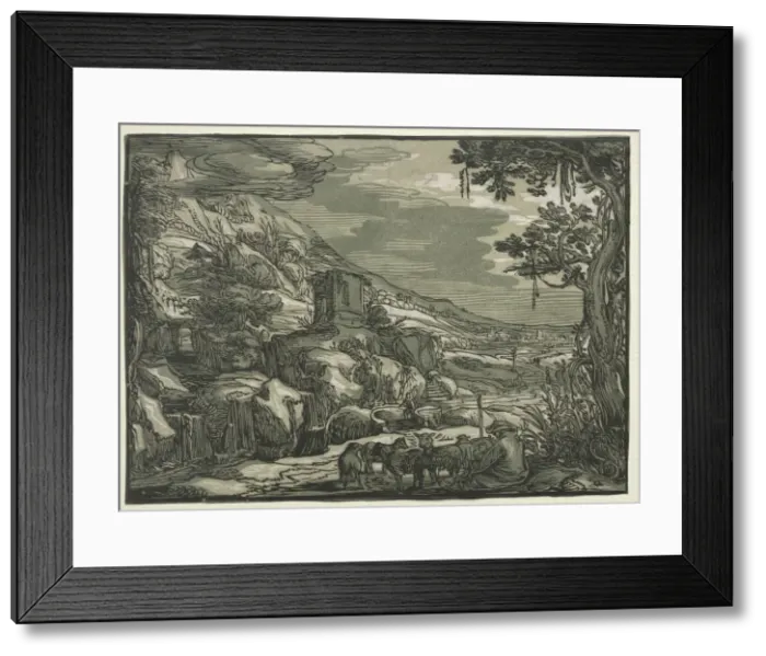 Framed Print : Arcadian Landscape, c. 1615. Creator: Hendrick Goltzius (Dutch, 1558-1617), attributed to Framed Print : Arcadian Landscape, c. 1615. Creator: Hendrick Goltzius (Dutch, 1558-1617), attributed to