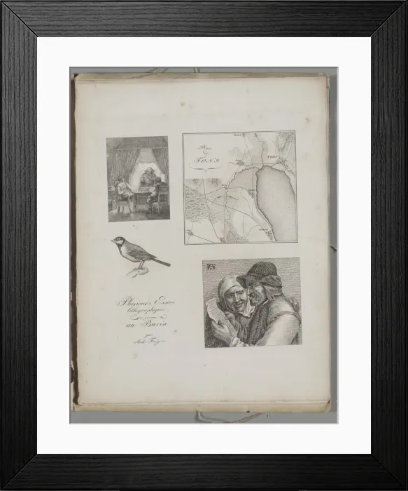 Framed Print : Art of the Lithograph: Four Engraving Samples, War Tent, Map of Toni, Bird, Dutch Farmer Framed Print : Art of the Lithograph: Four Engraving Samples, War Tent, Map of Toni, Bird, Dutch Farmer
