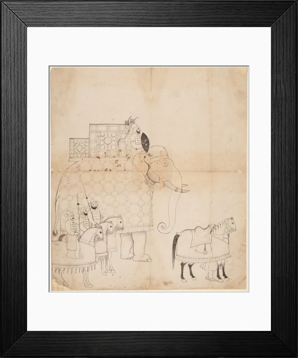 Framed Print : A drawing of Caparisoned Elephant and Horses, c. 1760. Creator: Unknown Framed Print : A drawing of Caparisoned Elephant and Horses, c. 1760. Creator: Unknown