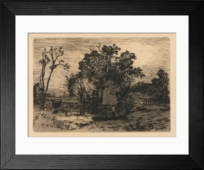 Framed Print : [Cottage and Two Figures in a Boat], 1878. Creator: Charles Henry Miller (American, 1842-1922)