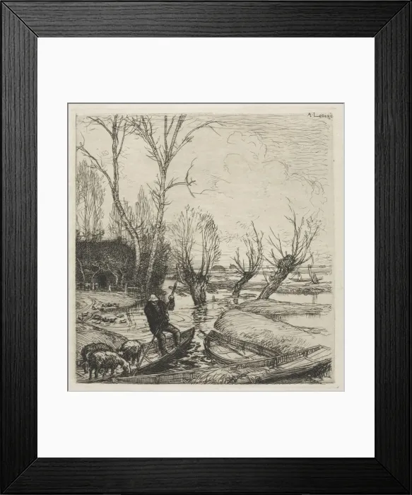 Framed Print : [Man in a Boat with Three Sheep]. Creator: Auguste Louis Lepere (French, 1849-1918)