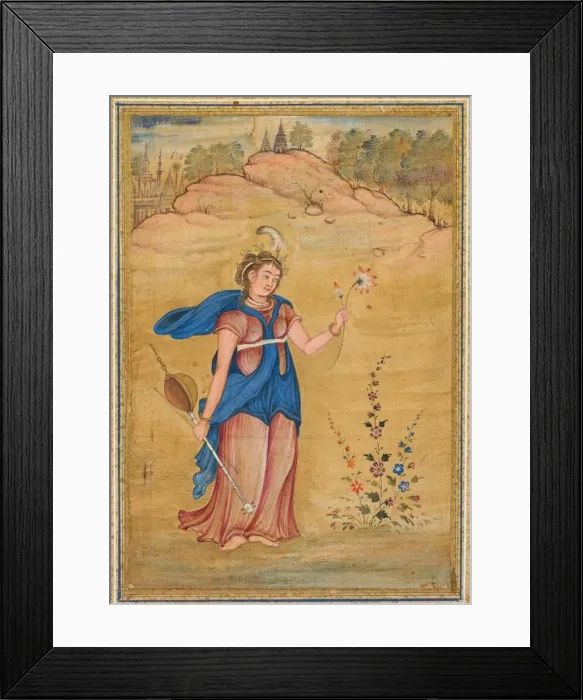 Framed Print : A female figure standing in a landscape holding a four-stringed khuuchir and a lotus Framed Print : A female figure standing in a landscape holding a four-stringed khuuchir and a lotus