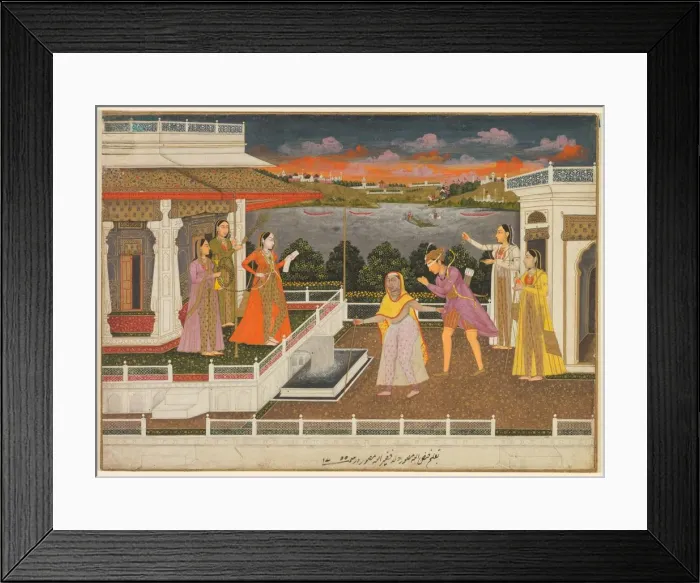 Framed Print : A blindfolded suitor is brought before a princess; verso: scrolling floral vines, 1755 Framed Print : A blindfolded suitor is brought before a princess; verso: scrolling floral vines, 1755