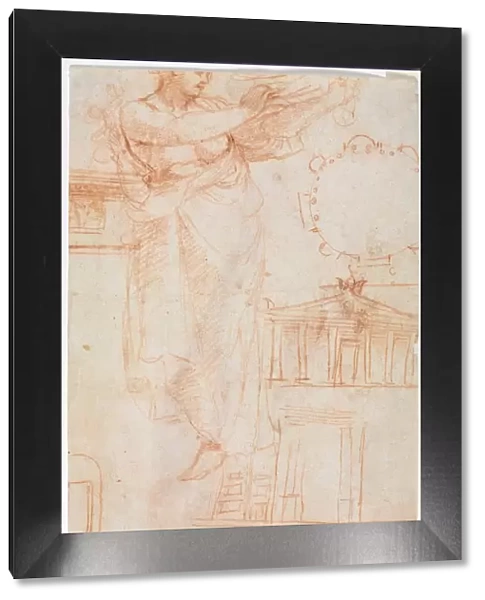 A Draped Female Figure (possibly an Amazon) and Architectural Studies (verso), c. 1525