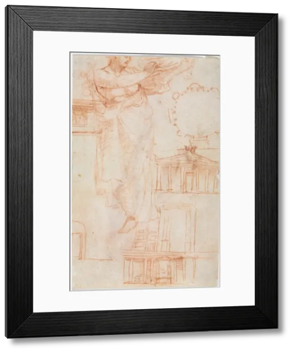 Framed Print : A Draped Female Figure (possibly an Amazon) and Architectural Studies (verso), c. 1525 Framed Print : A Draped Female Figure (possibly an Amazon) and Architectural Studies (verso), c. 1525
