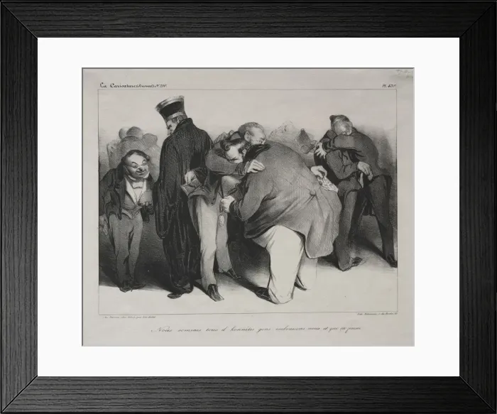 Framed Print : Caricature, plate 439: We are all honest men, so let us embrace and be done with it, 1834 Framed Print : Caricature, plate 439: We are all honest men, so let us embrace and be done with it, 1834