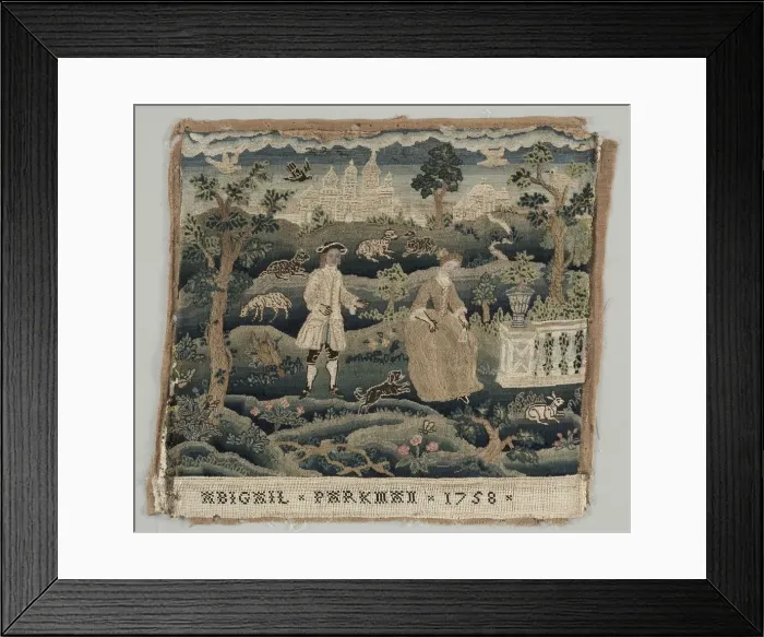 Framed Print : Abigail Parkman Embroidery, early 18th century. Creator: Unknown Framed Print : Abigail Parkman Embroidery, early 18th century. Creator: Unknown