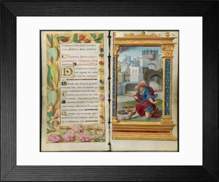 Framed Print : Adjoining Leaves from a Book of Hours: Penitential Psalms and King David in Prayer Framed Print : Adjoining Leaves from a Book of Hours: Penitential Psalms and King David in Prayer