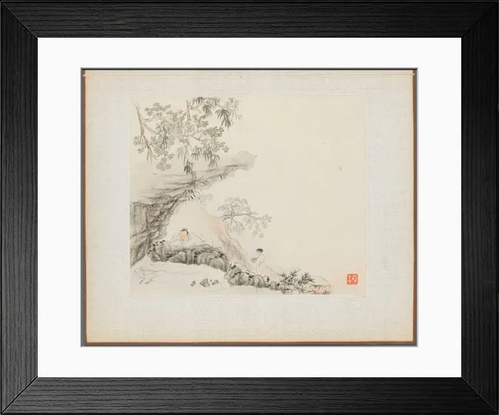 Framed Print : Album of Landscape Paintings Illustrating Old Poems: A Man Lies under a Rocky Overhang… Framed Print : Album of Landscape Paintings Illustrating Old Poems: A Man Lies under a Rocky Overhang…