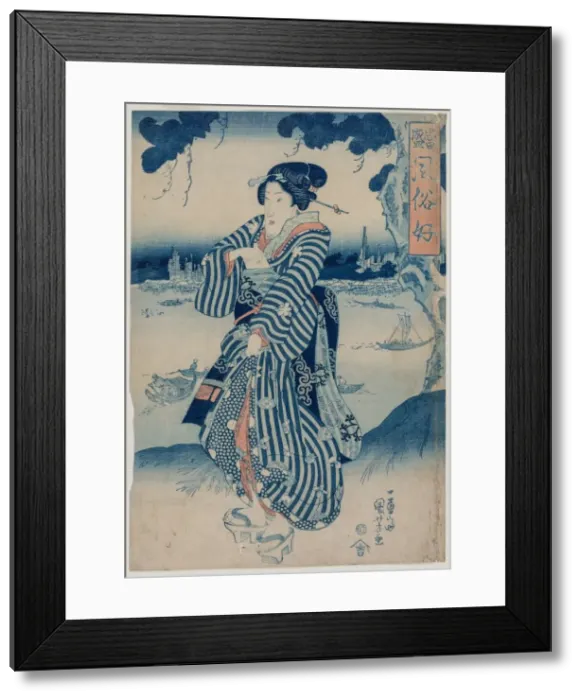 Framed Print : Geisha Standing on the Bank of the Sumida River... early 1830s. Creator: Utagawa Kuniyoshi Framed Print : Geisha Standing on the Bank of the Sumida River... early 1830s. Creator: Utagawa Kuniyoshi
