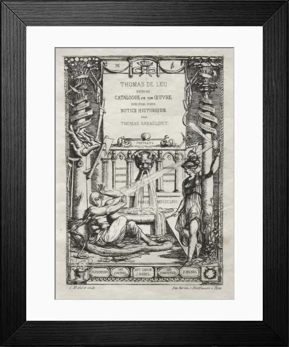 Framed Print : Frontispiece for a Catalogue of the Engravings of Thomas de Leu, 1866. Creator: Charles Meryon Framed Print : Frontispiece for a Catalogue of the Engravings of Thomas de Leu, 1866. Creator: Charles Meryon