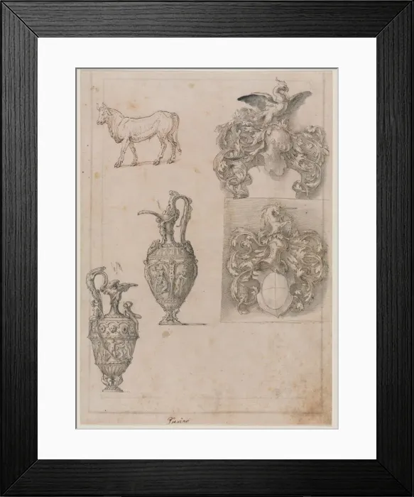 Framed Print : Design for Two Vases, Two Coats of Arms, and a Bull (recto) Several Line Borders (verso) Framed Print : Design for Two Vases, Two Coats of Arms, and a Bull (recto) Several Line Borders (verso)