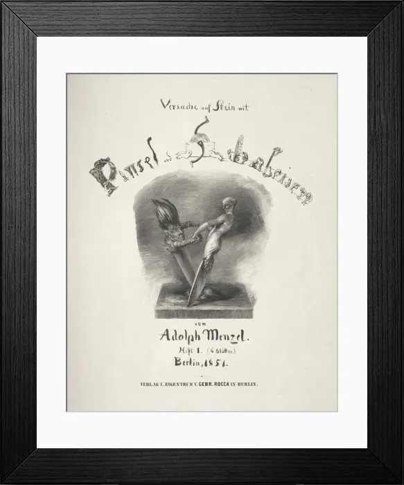 Framed Print : Essay on Stone with Brush and Scraper: Title Page, 1851. Creator: Adolph von Menzel (German Framed Print : Essay on Stone with Brush and Scraper: Title Page, 1851. Creator: Adolph von Menzel (German