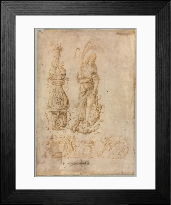 Framed Print : Design for a Candelabrum, Allegorical Figure of Abundance, Ornamental Relief Design, c Framed Print : Design for a Candelabrum, Allegorical Figure of Abundance, Ornamental Relief Design, c