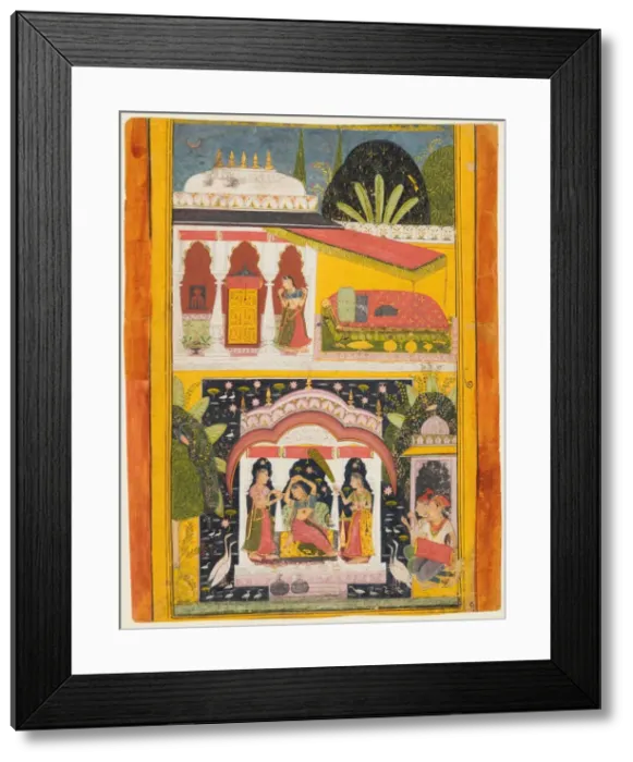 Framed Print : Desavarari Ragini, from a Ragamala series: A lady and two attendants in a bower in Framed Print : Desavarari Ragini, from a Ragamala series: A lady and two attendants in a bower in