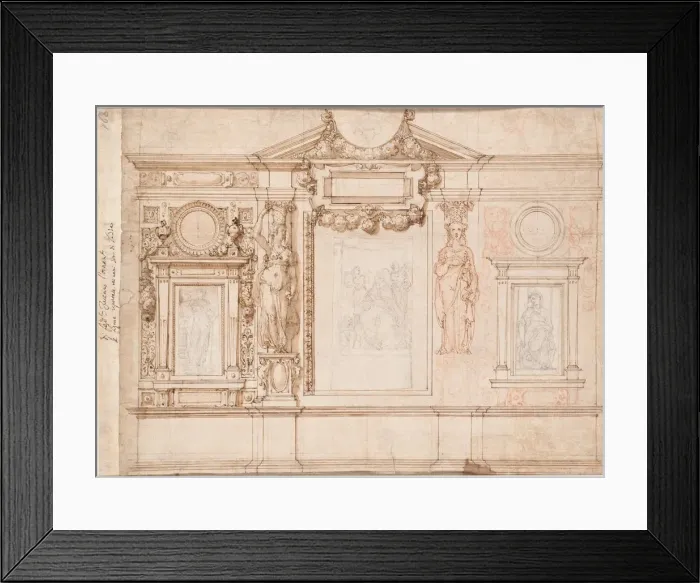 Framed Print : Design for a Wall Decoration with Pasted-in Sketches after Raphael (verso), c. 1580s-90s Framed Print : Design for a Wall Decoration with Pasted-in Sketches after Raphael (verso), c. 1580s-90s