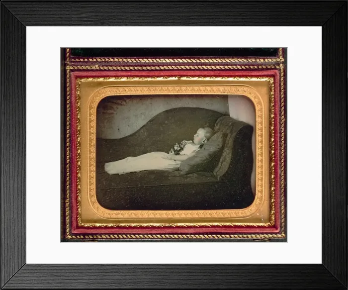 Framed Print : Dead Child On a Sofa, c. 1855. Creator: Unidentified Photographer Framed Print : Dead Child On a Sofa, c. 1855. Creator: Unidentified Photographer