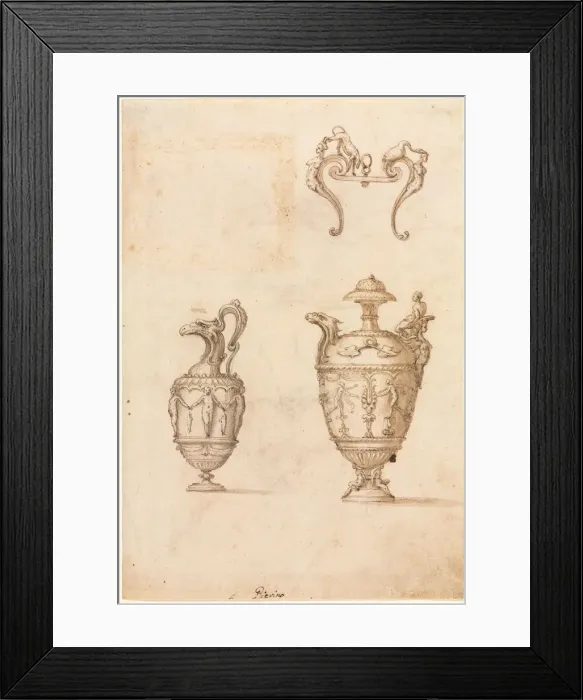 Framed Print : Design for Two Vases and an Ornament (recto), mid 1500s. Creator: Luzio Romano (Italian Framed Print : Design for Two Vases and an Ornament (recto), mid 1500s. Creator: Luzio Romano (Italian