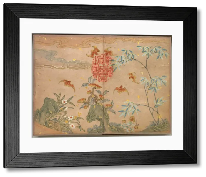 Framed Print : Desk Album: Flower and Bird Paintings (Bats, rocks, flowers oval calligraphy), 18th Century Framed Print : Desk Album: Flower and Bird Paintings (Bats, rocks, flowers oval calligraphy), 18th Century
