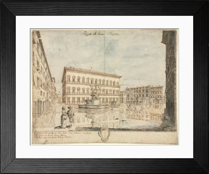Framed Print : Eighteen Views of Rome: The Piazza Farnese (recto); Cartouche (verso), 1664. Creator Framed Print : Eighteen Views of Rome: The Piazza Farnese (recto); Cartouche (verso), 1664. Creator