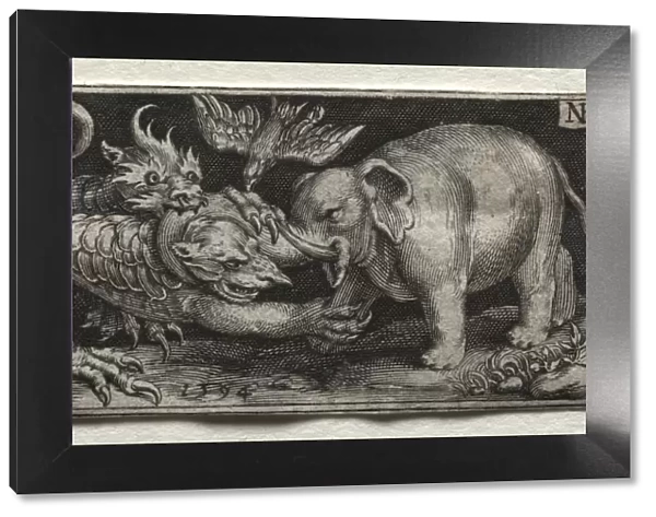 Elephant Fighting two Beasts, 1594. Creator: Nicolaes de Bruyn (Netherlandish, 1571-1656); A