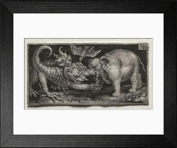 Framed Print : Elephant Fighting two Beasts, 1594. Creator: Nicolaes de Bruyn (Netherlandish, 1571-1656); A Framed Print : Elephant Fighting two Beasts, 1594. Creator: Nicolaes de Bruyn (Netherlandish, 1571-1656); A