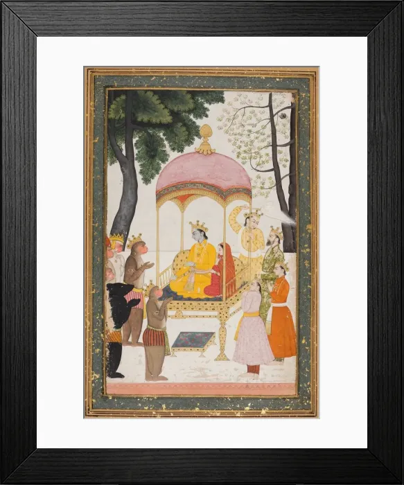 Framed Print : Enthroned Rama and Sita receive homage from their monkey and bear allies, c. 1765 Framed Print : Enthroned Rama and Sita receive homage from their monkey and bear allies, c. 1765