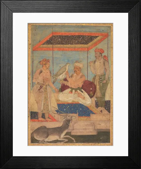 Framed Print : Akbar and Jahangir Examine a Ghir Falcon while Prince Khusrau Stands Behind, c. 1602-1604 Framed Print : Akbar and Jahangir Examine a Ghir Falcon while Prince Khusrau Stands Behind, c. 1602-1604