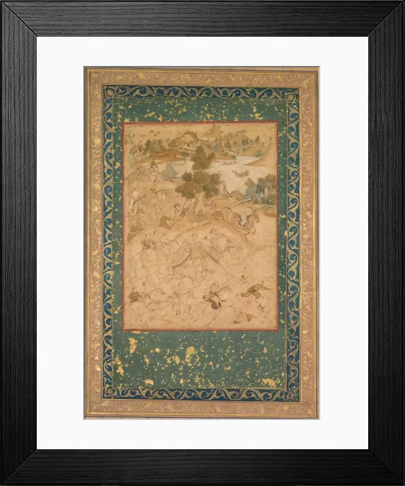 Framed Print : Akbar supervising the capture of wild elephants at Malwa in 1564, painting 90... c Framed Print : Akbar supervising the capture of wild elephants at Malwa in 1564, painting 90... c
