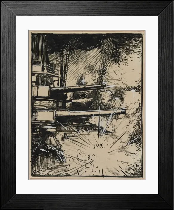Framed Print : Bombe explosant sur un cuirasse aux canons braques, 1914. Creator: Auguste Louis Lepere Framed Print : Bombe explosant sur un cuirasse aux canons braques, 1914. Creator: Auguste Louis Lepere