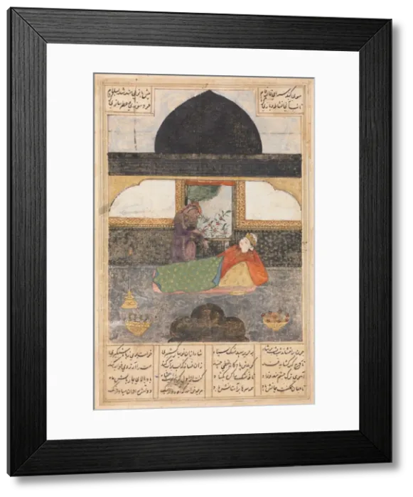 Framed Print : Bahram Gur Visits the Princess of India in the Black Pavilion (recto)... c. 1400-1410 Framed Print : Bahram Gur Visits the Princess of India in the Black Pavilion (recto)... c. 1400-1410