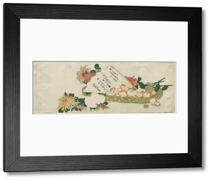 Framed Print : Basket with Fan, Chrysanthemums, and Mushrooms, early 1800s. Creator: Katsushika Hokusai (Japanese Framed Print : Basket with Fan, Chrysanthemums, and Mushrooms, early 1800s. Creator: Katsushika Hokusai (Japanese
