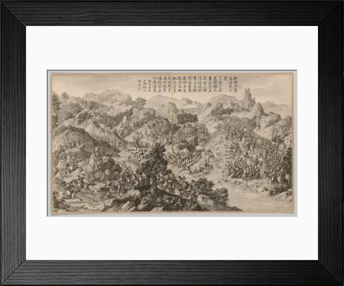 Framed Print : Battle at Yixier Kuernaoer: from Battle Scenes of the Quelling of Rebellions... c1765-1774 Framed Print : Battle at Yixier Kuernaoer: from Battle Scenes of the Quelling of Rebellions... c1765-1774
